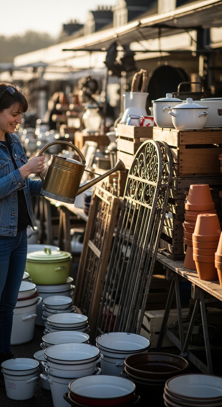 Flea market garden: Shopping at a flea market, holding a vintage, tarnished brass watering can