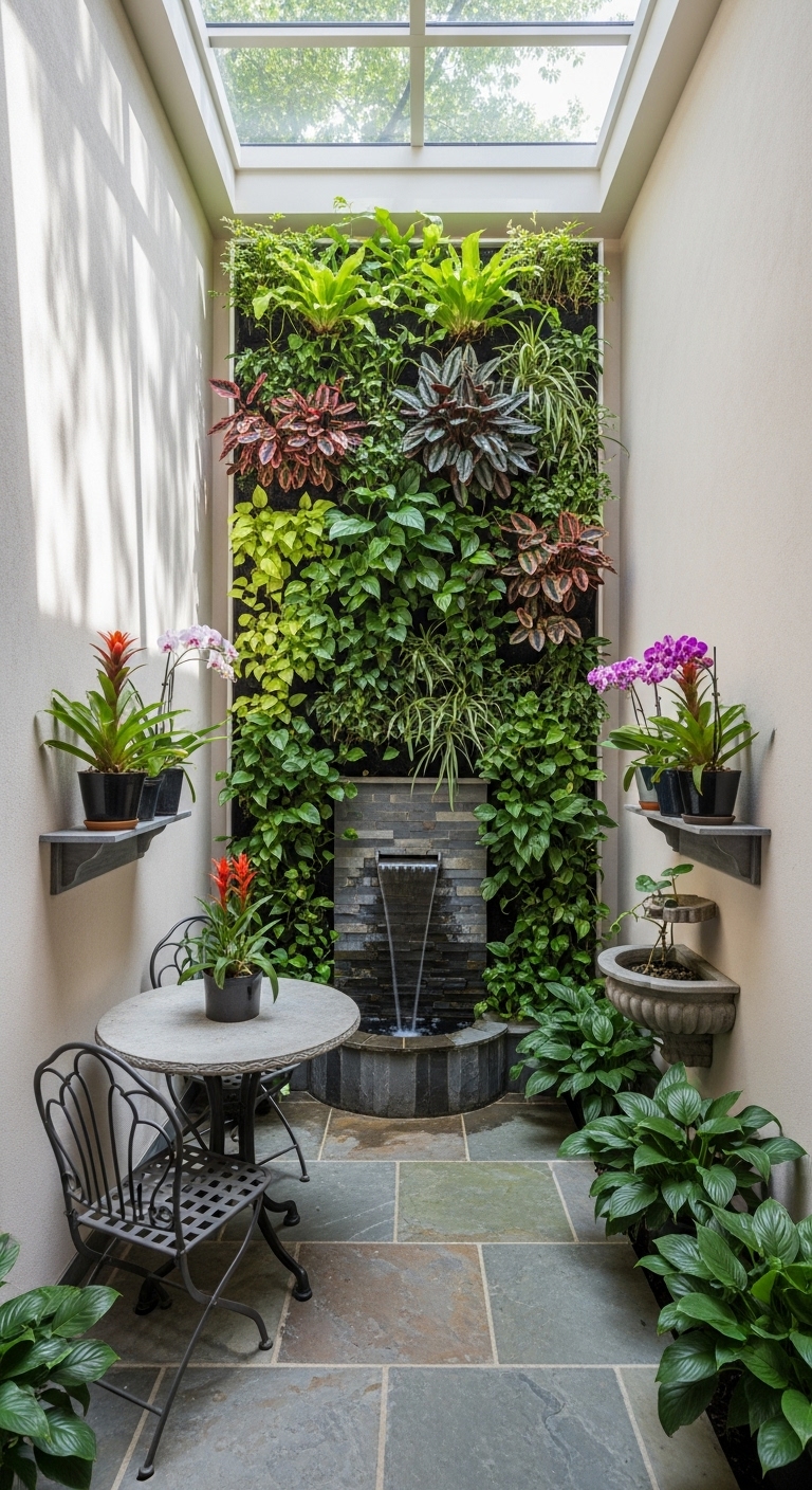 A compact indoor courtyard garden featuring a vertical living wall with various shade-loving plants including ferns, pothos, and calatheas. with fountain below