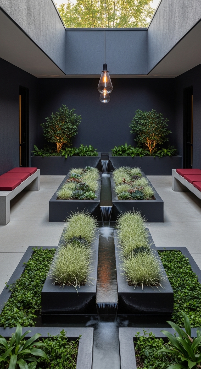 Indoor courtyard garden with geometric design elements. The space features a raised rectangular planter box with ornamental grasses and succulents arranged in precise patterns