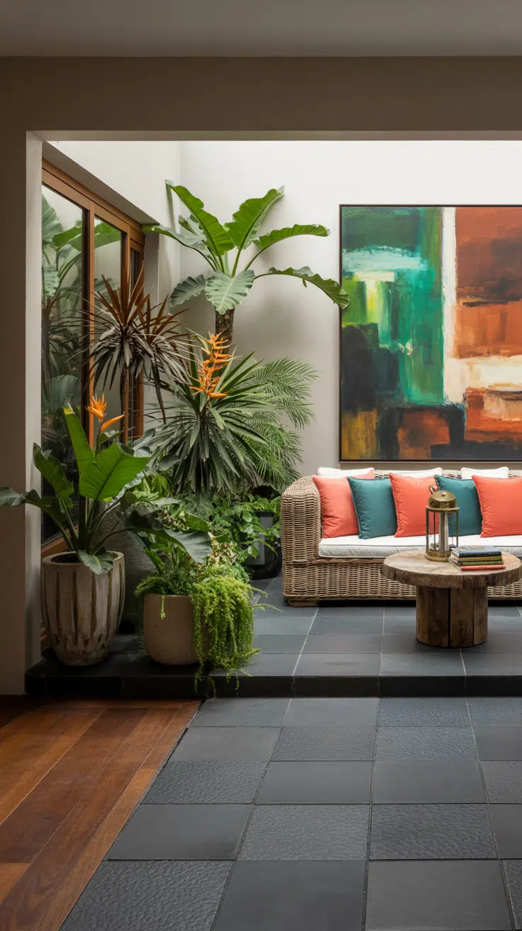 Indoor courtyard garden that connects to the adjacent living room. The courtyard features a mix of tropical plants including a large fiddle leaf fig, bird of paradise, and philodendrons. A comfortable wicker sofa with under a large art piece