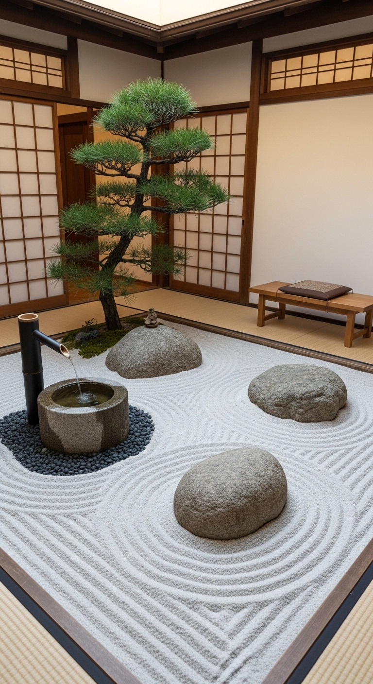 indoor Zen courtyard garden with raked white sand arranged in gentle wave patterns around three large stones . A small black bamboo fountain (shishi-odoshi) sits in one corner,