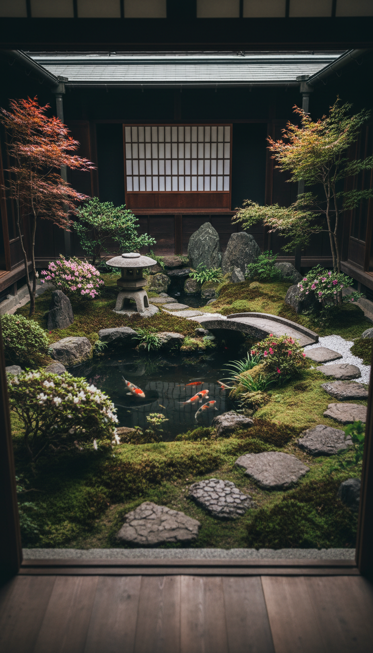 Japanese indoor courtyard garden (tsuboniwa) featuring a miniature landscape with a small pond containing koi fish, a stone lantern (tōrō), and a carefully placed arrangement of rocks representing mountains and islands