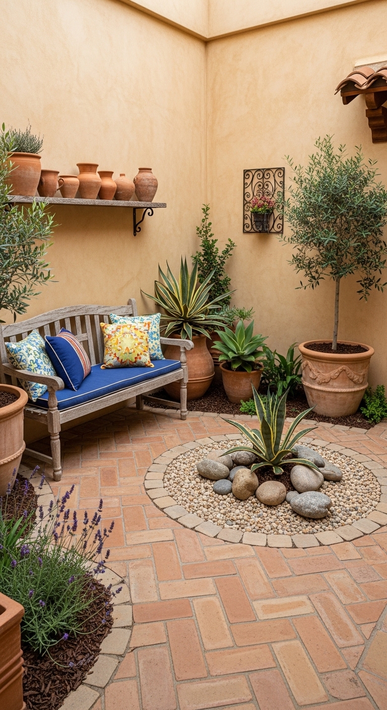 Mediterranean style indoor dry courtyard garden with drought-tolerant plants including various succulents, agave, and lavender