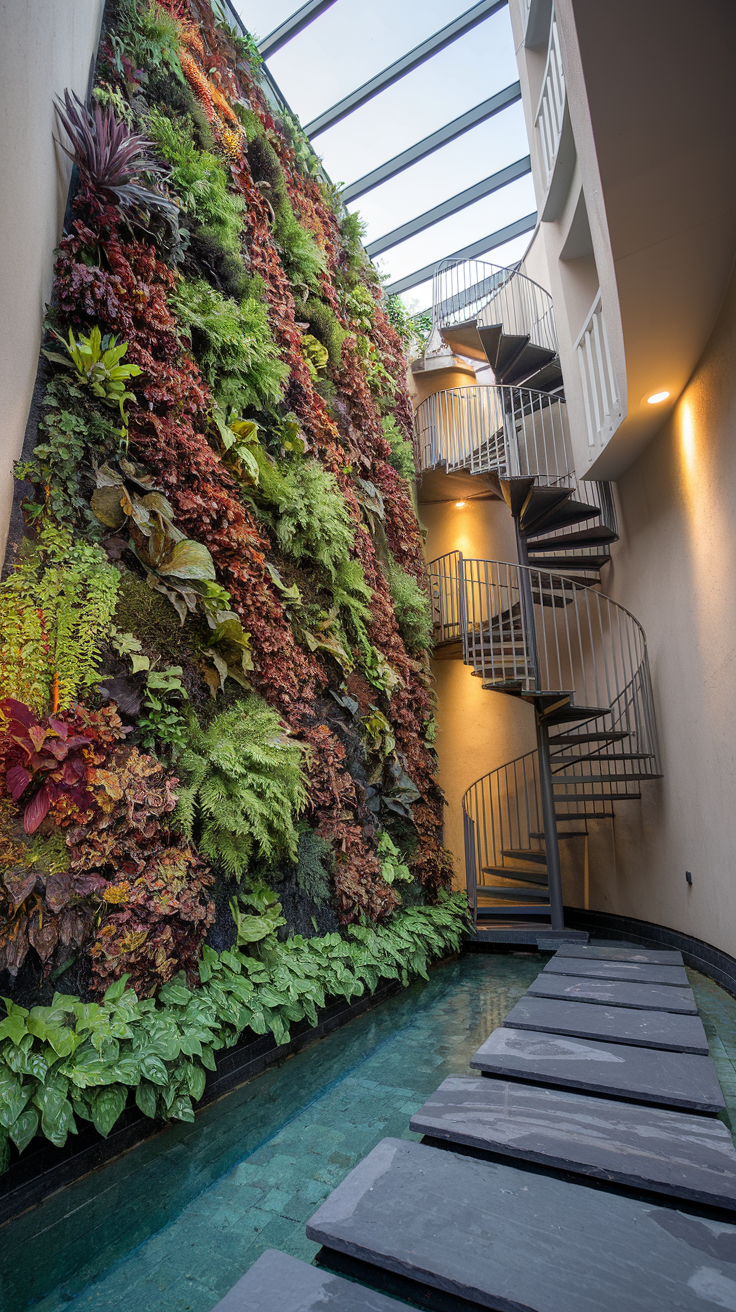 A vertical garden courtyard in a narrow urban space. The main feature is a lush living wall with a variety of plants including ferns, bromeliads, and flowering vines arranged in patterns of color and texture