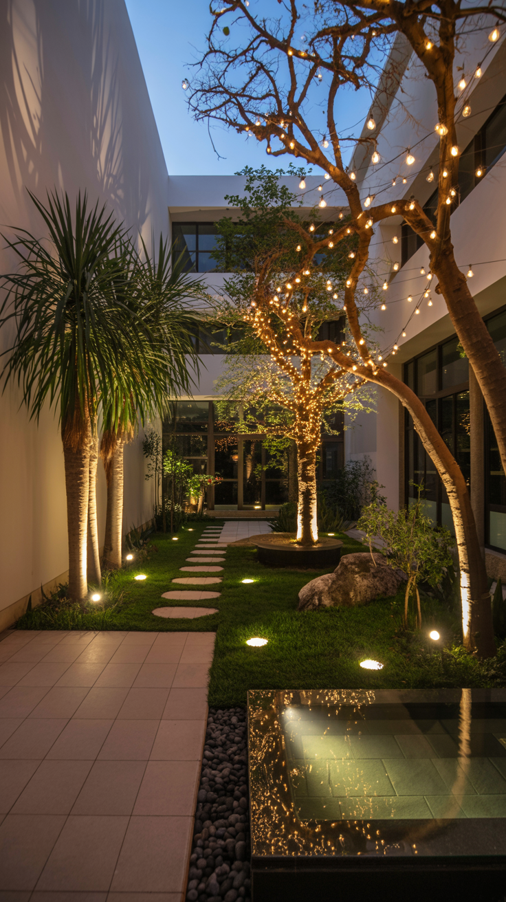 An indoor courtyard garden at dusk:
Lighting design. The space features uplighting that illuminates the trunks of palm trees. Fairy lights is woven through the branches of a large tree, creating a canopy effect.