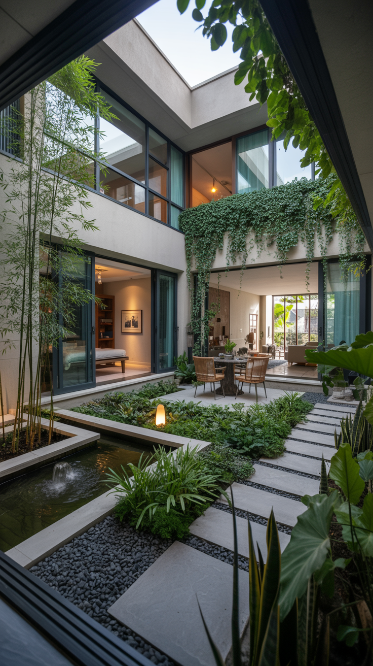 Indoor courtyard garden combines simplicity with lush planting, featuring a stone pathway