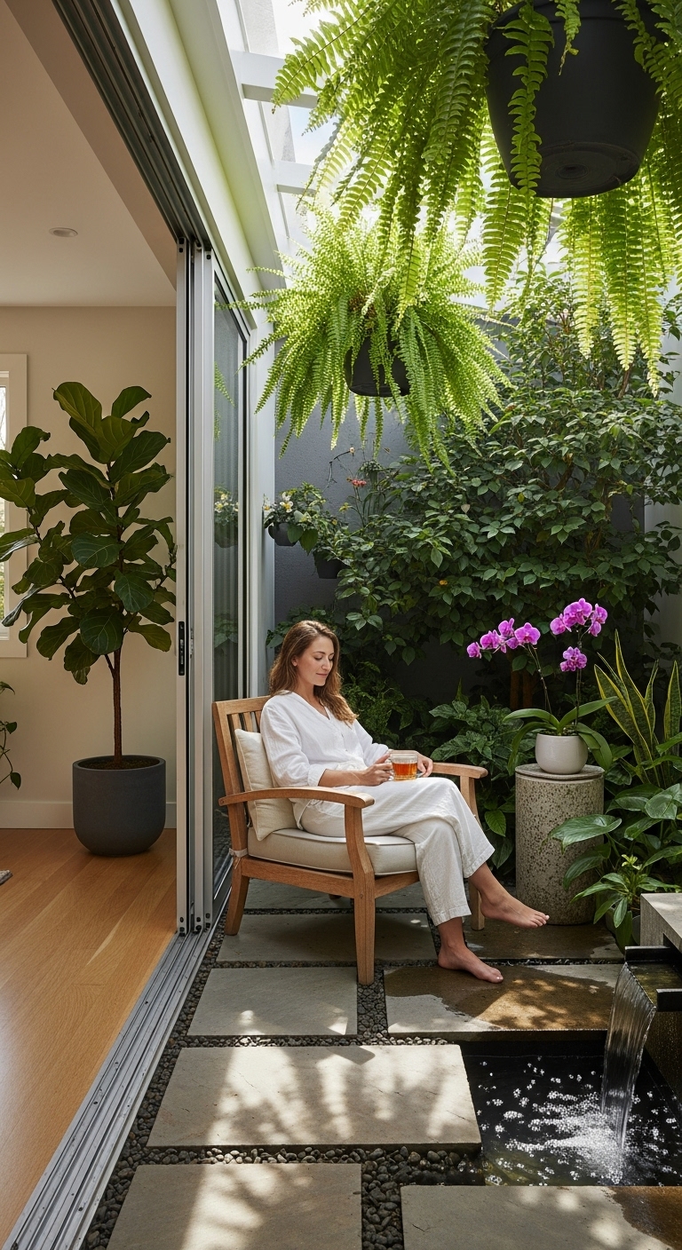 Enjoying a moment of piece in an indoor courtyard garden