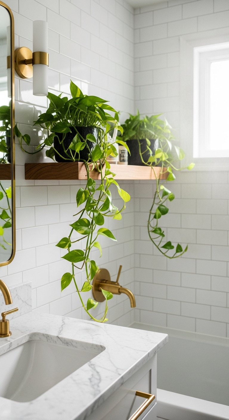 low-care indoor plants: bathroom with white marble countertops and gold fixtures. A lush Golden Pothos plant
