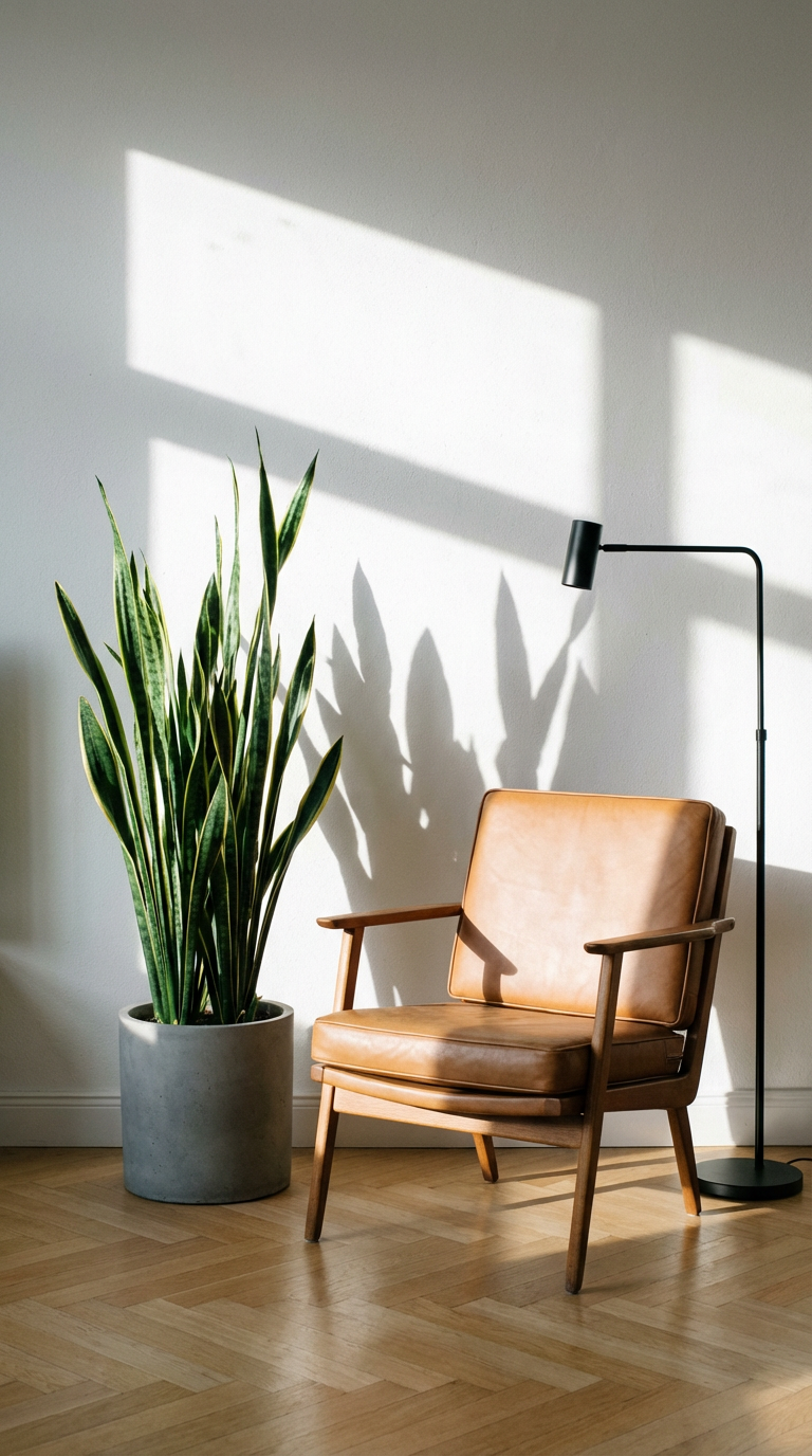 low-care indoor plants: Snake Plant (Sansevieria) in a matte grey concrete pot
