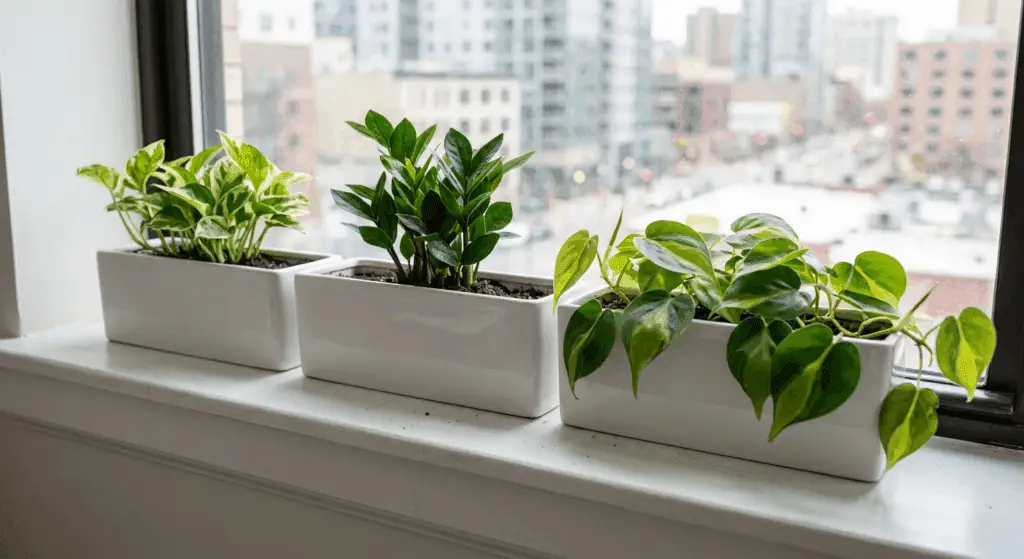 low-care indoor plants: windowsill with three matching slim, rectangular white planters .One contains a small Pothos, one a compact ZZ plant, and one a trailing Philodendron Brasil.