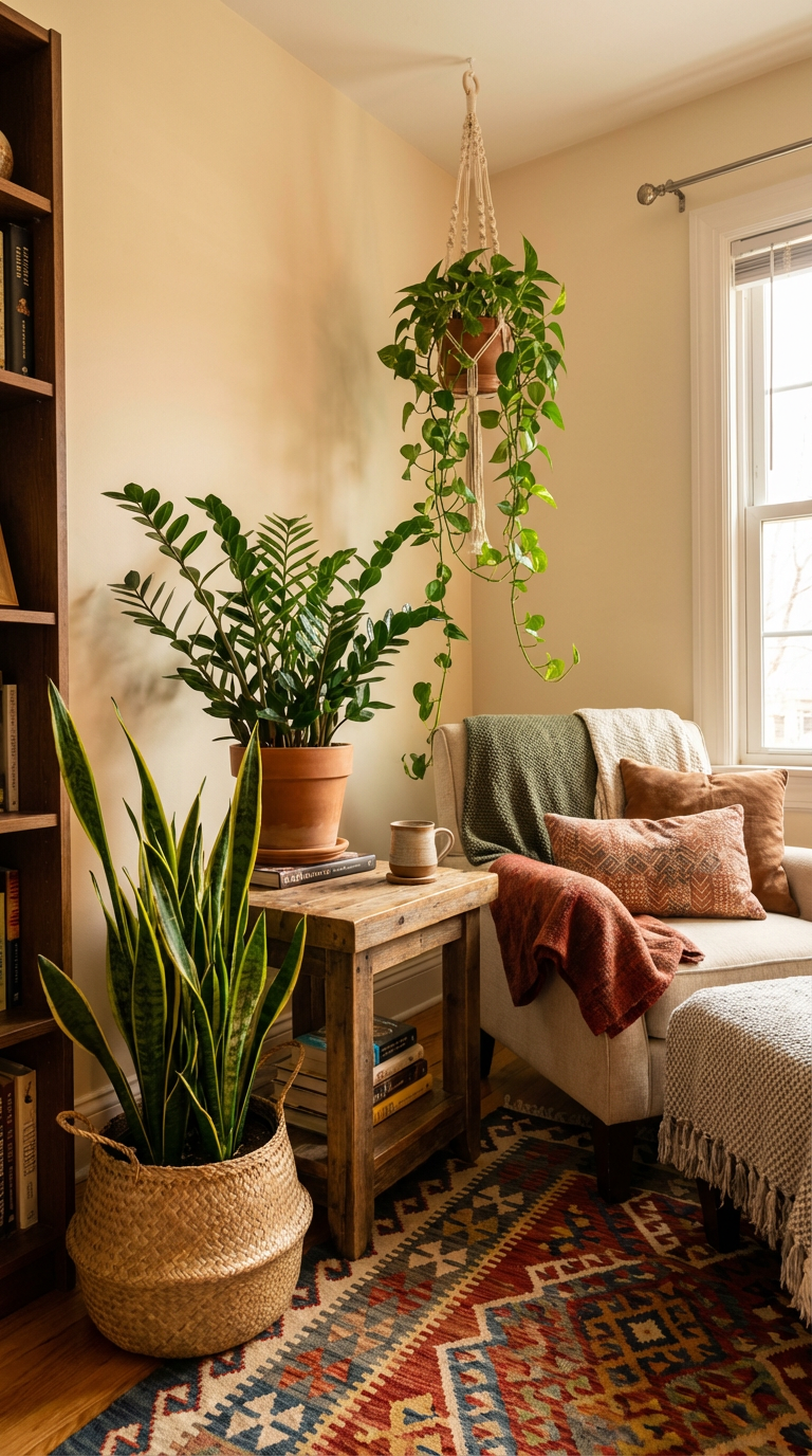 low-care indoor plants: "layered" plant styling. Large Snake Plant in a woven basket. On a mid-height wooden side table sits a bushy ZZ plant. Hanging from the ceiling is a trailing Pothos in a macrame hanger