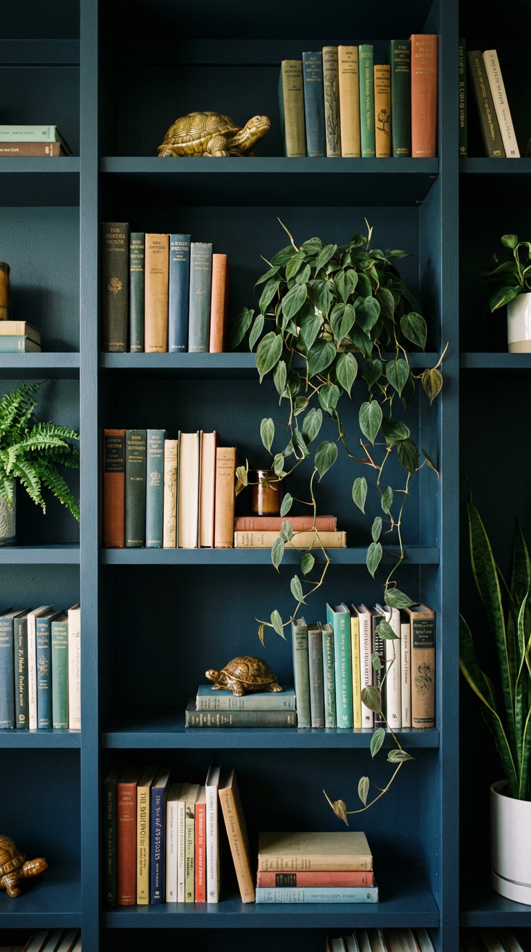 low-care indoor plants: A Philodendron Micans trails off the edge of a middle shelf, of a bookcase