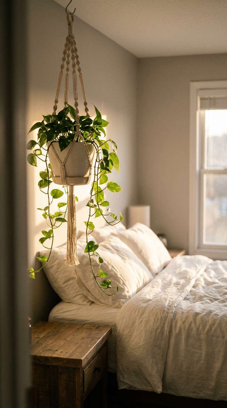 low-care indoor plants: macrame hanging planter suspended from a ceiling hook