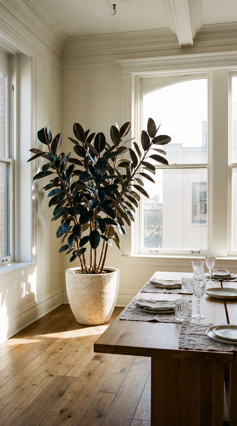 low-care indoor plants: Burgundy Rubber Plant (Ficus elastica) in a textured, cream-colored stone planter