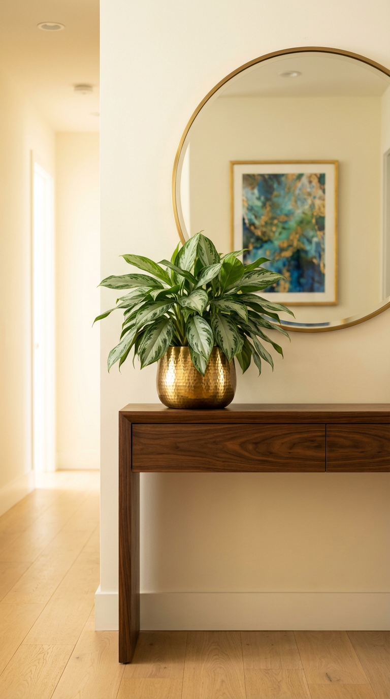 low-care indoor plants: Chinese Evergreen (Aglaonema 'Silver Bay') in a metallic brass pot on hall table