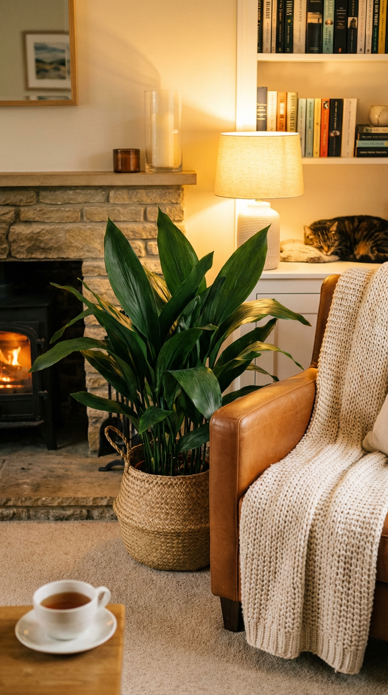 low-care indoor plants:  Cast Iron Plant (Aspidistra elatior) next to a cognac color leather armchair