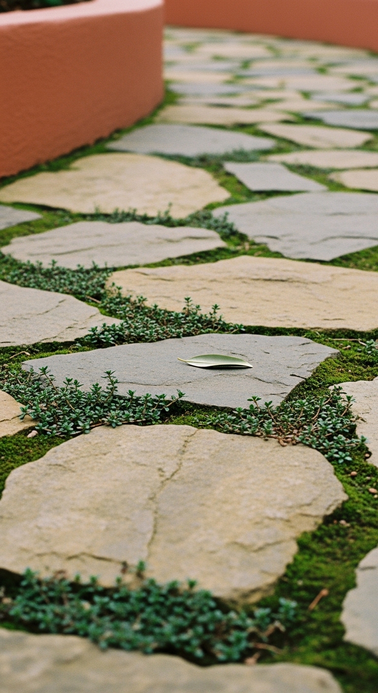 Mediterranean garden: irregular flagstone pathway. The stones are various shades of warm gray and beige, with creeping thyme growing in the gaps