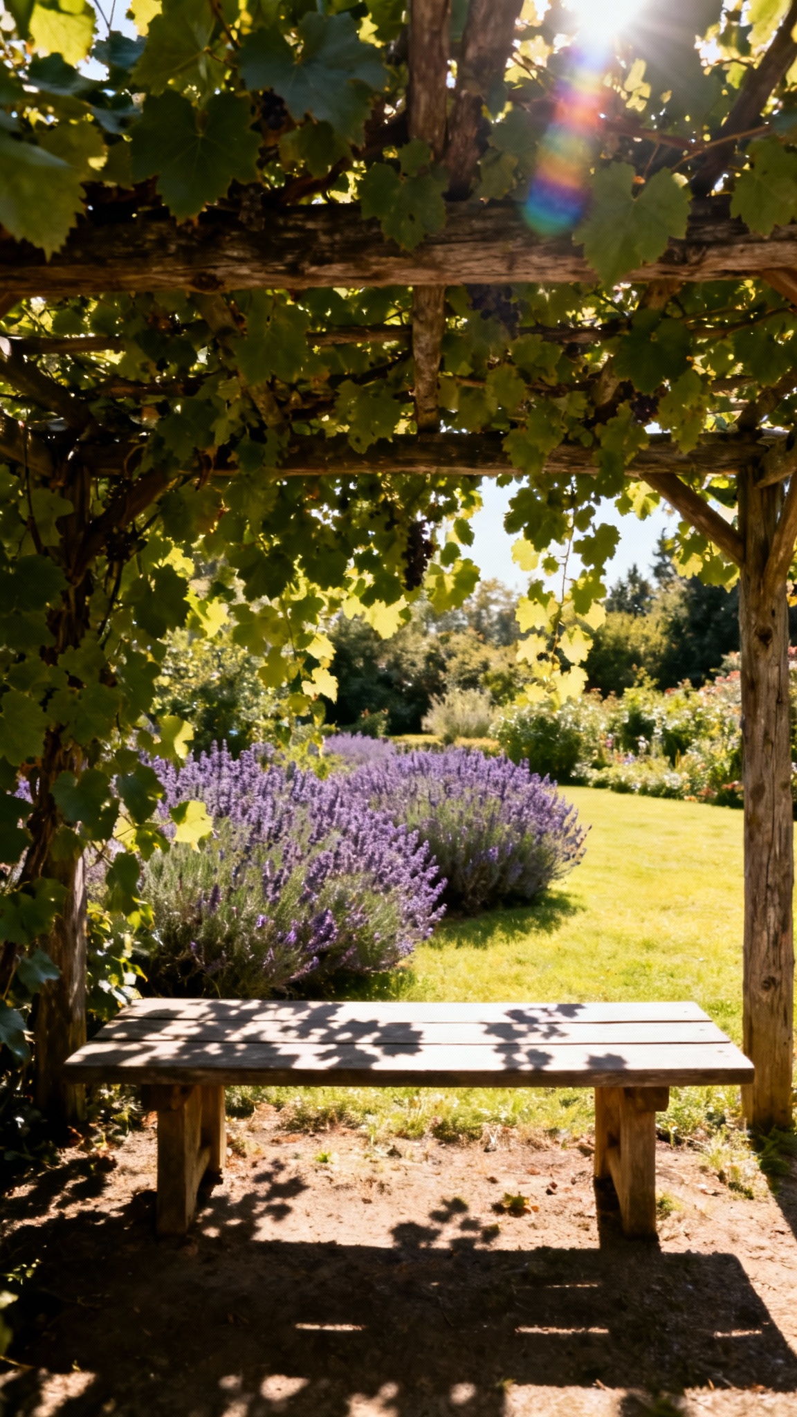 Mediterranean garden: Rustic wooden pergola, draped with the leaves of a mature grapevine,  a simple wooden bench below. Beyond the shade of the pergola, the garden with the colors of lavender bushes and lawn
