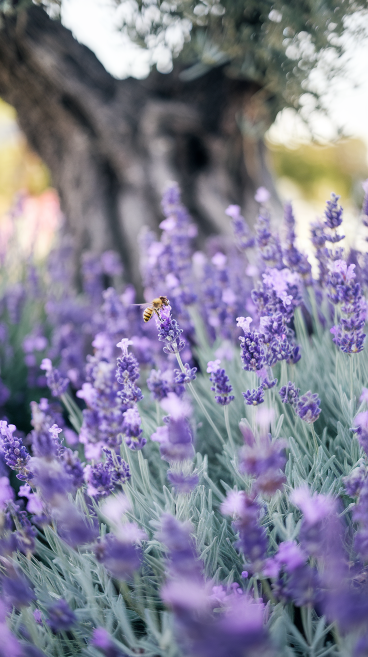 Mediterranean garden lavender in full bloom, its purple spikes interspersed with the silvery-green foliage of santolina