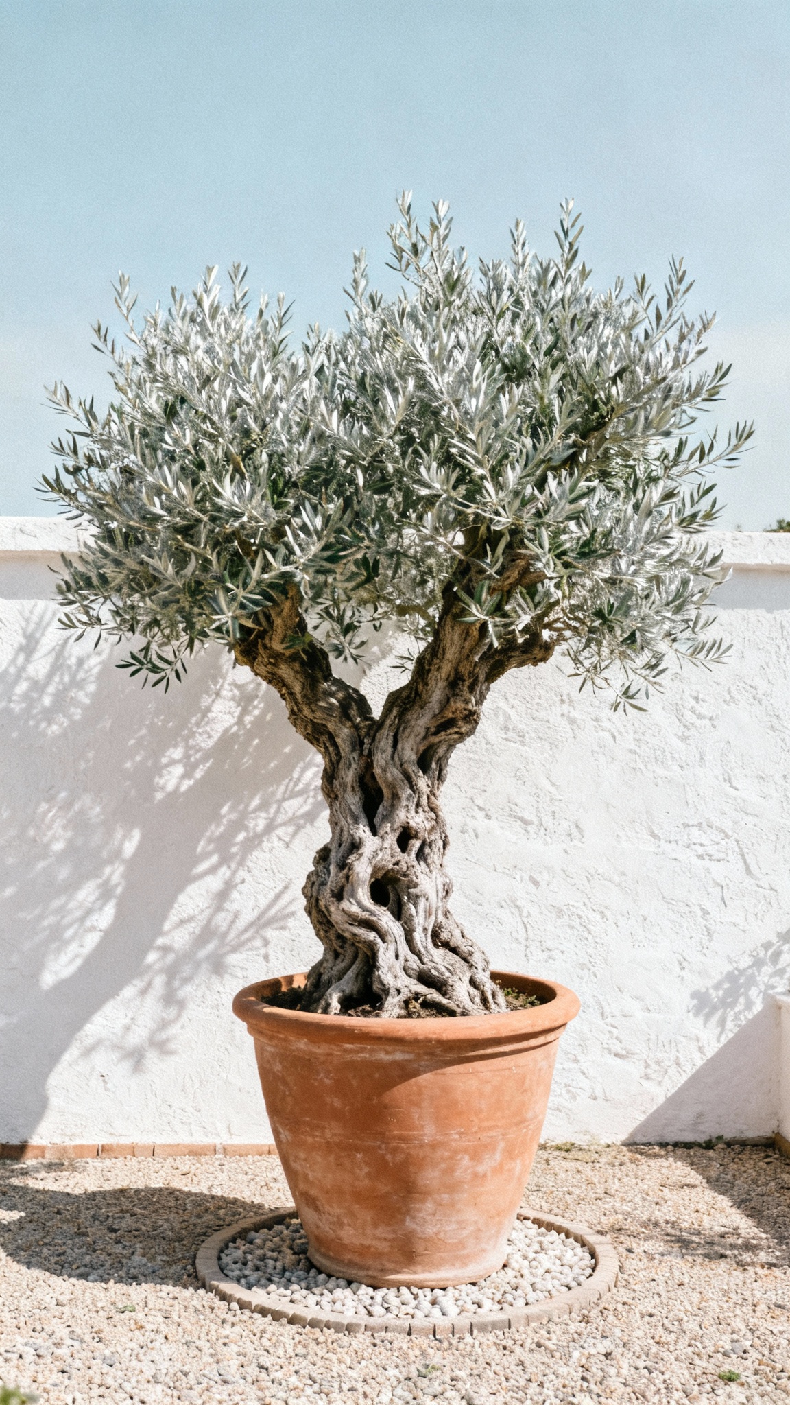Mediterranean garden: gnarled olive tree  in a large, terracotta-colored urn on a gravel patio