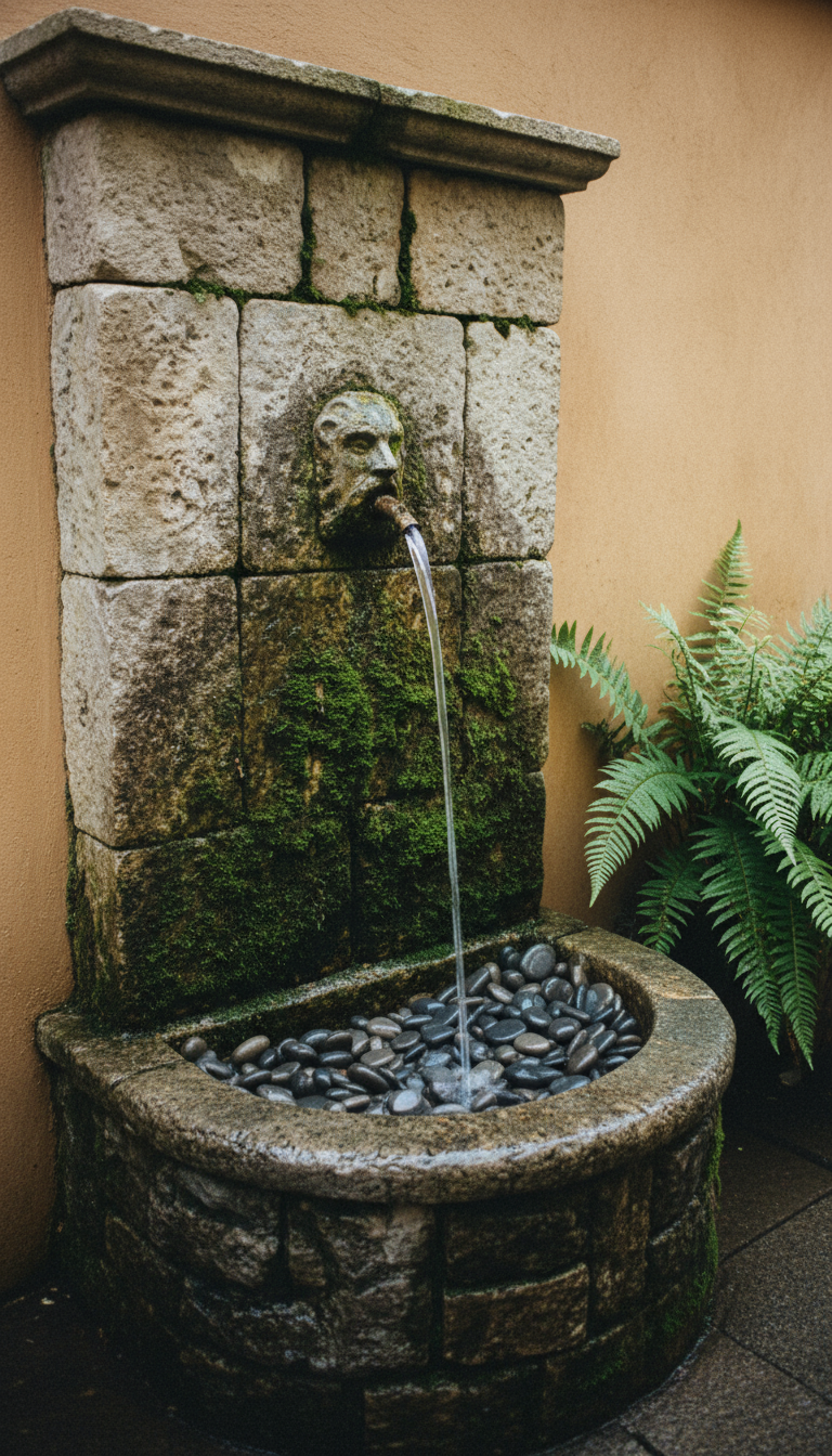 Mediterranean garden wall fountain made of aged, stone. A masked spout down with shallow basin filled with smooth grey river pebbles.