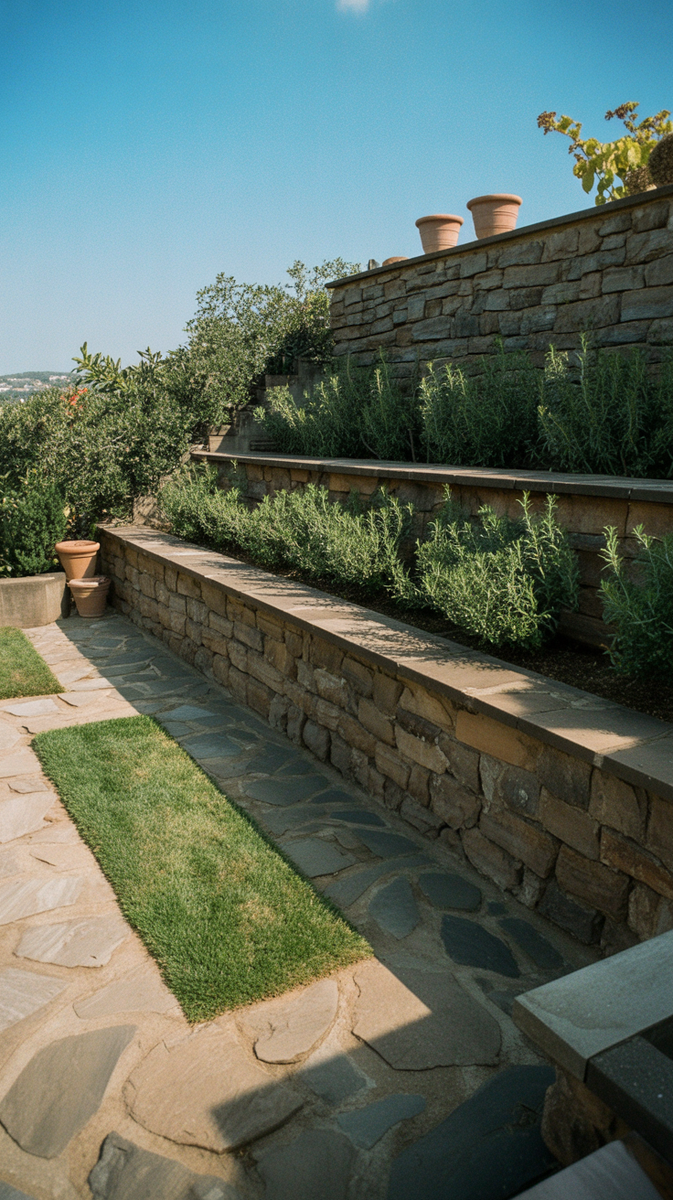 Mediterranean garden hillside garden with two distinct levels created by low, dry-stone retaining walls