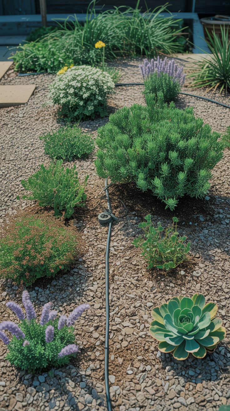 Mediterranean garden clumps of blue-green senecio, flowering sedum, and a young lavender plant. A thin black drip irrigation line is  around the base of the plants