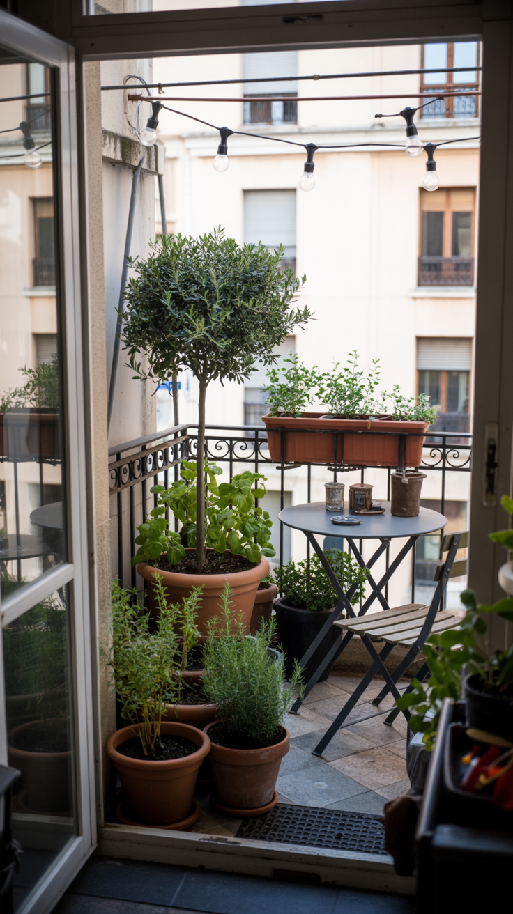 apartment balcony garden. with  small floor space with various sized terracotta pots holding a dwarf olive tree, pots of basil and rosemary, and trailing ivy