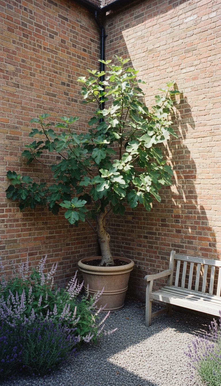 Mediterranean garden design: sheltered courtyard of a brick house. A large, established fig tree in a massive terracotta pot is pushed against the south-facing brick wall. The ground around it is a gravel bed planted with hardy Russian sage and lavender