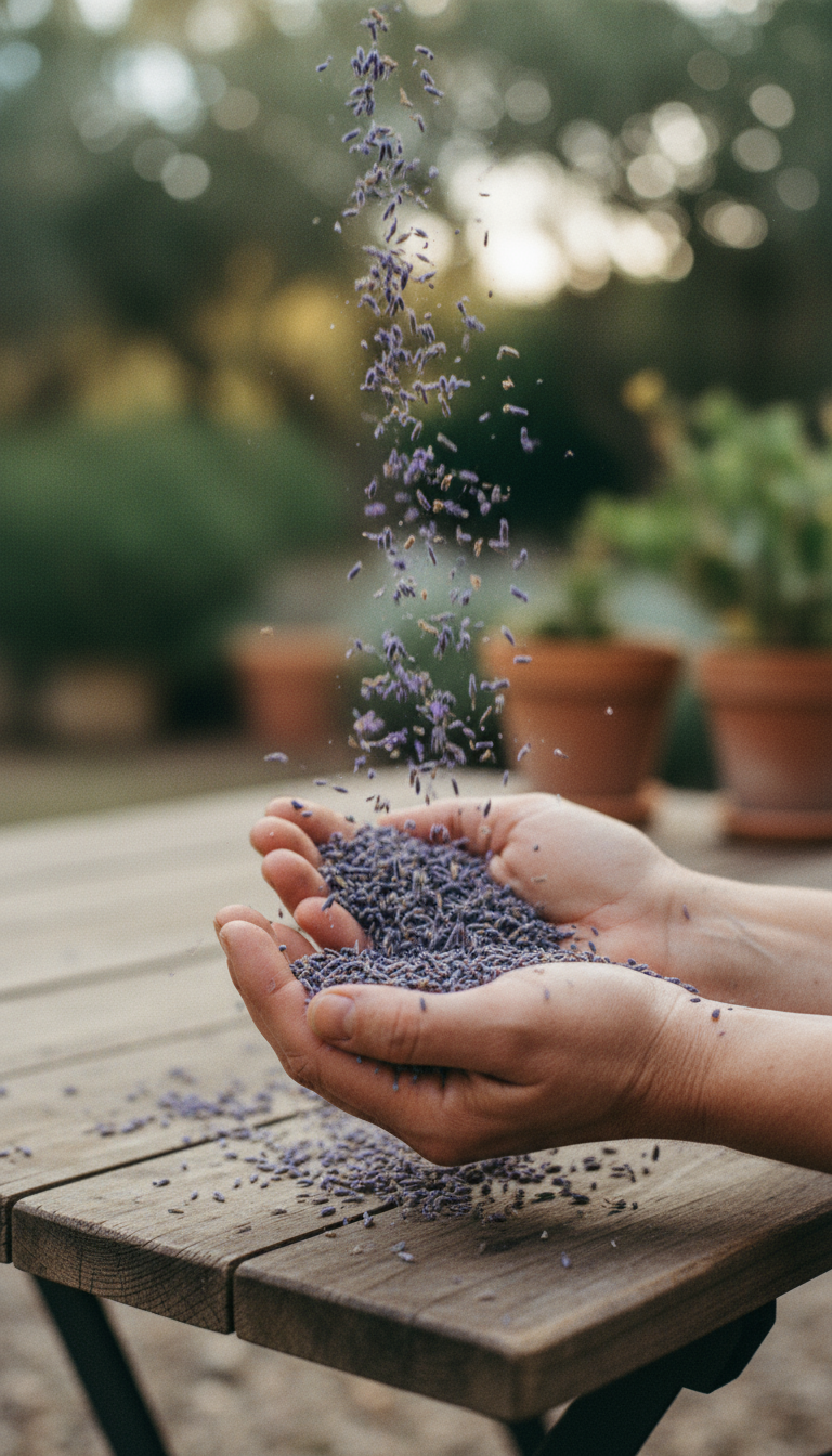 Mediterranean garden: hands are gently cupping a handful of dried lavender buds, thrown in the air 