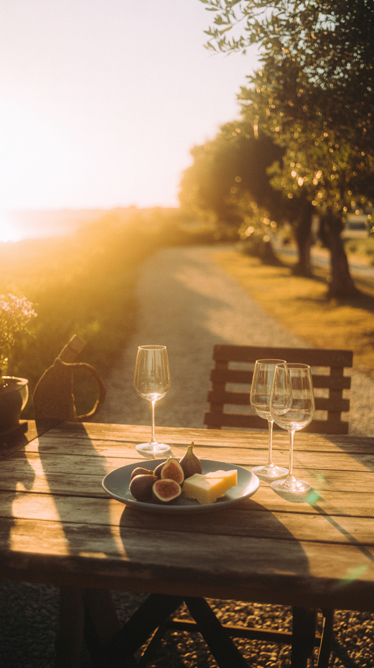 Mediterranean garden design: An outdoor dining table made of weathered wood empty wine glasses and a simple plate of figs and cheese. The long shadows of olive trees stretch across a gravel path.