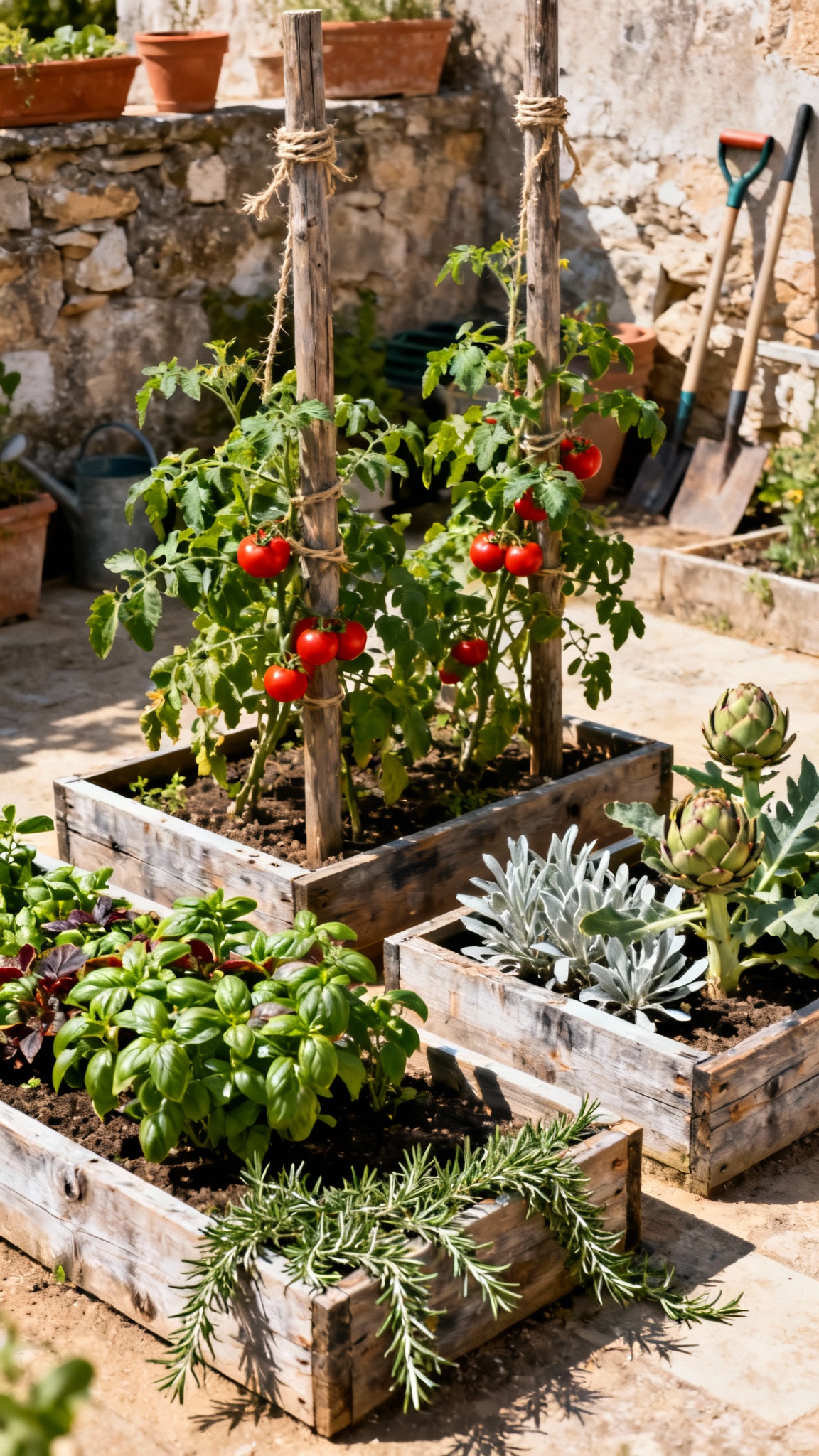 Mediterranean kitchen garden, or "potager," The garden is laid out in with raised beds constructed from weathered, reclaimed timber. Within the beds, tomato plants and  artichoke plants  are tied up with rough twine to tall wooden stakes