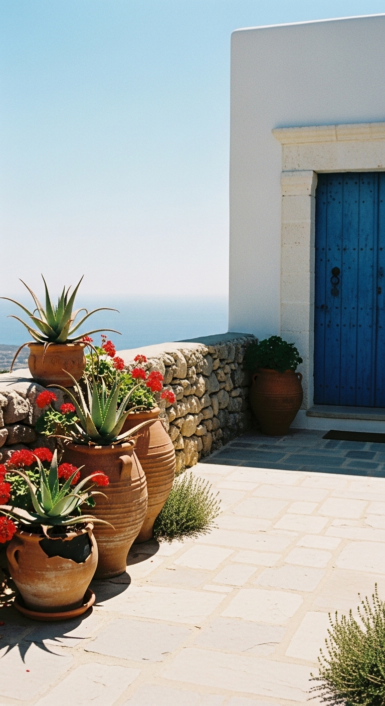 Mediterranean garden: stone patio leading to a heavy, weathered blue-painted wooden door of a white-washed villa. On the left, a cluster of terracotta pots, one damaged have vibrant red geraniums and spiky aloe vera. A low, dry-stone wall borders the patio