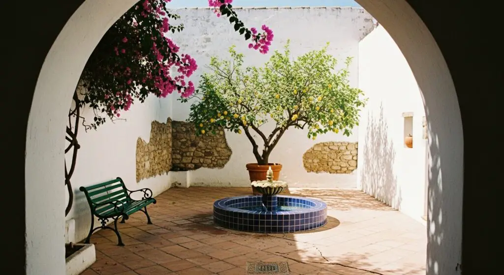 Mediterranean garden, high, white-washed walls with patches of exposed stone. In the center, a small, circular fountain with a tiled basin in blue and turquoise . An old lemon tree behind