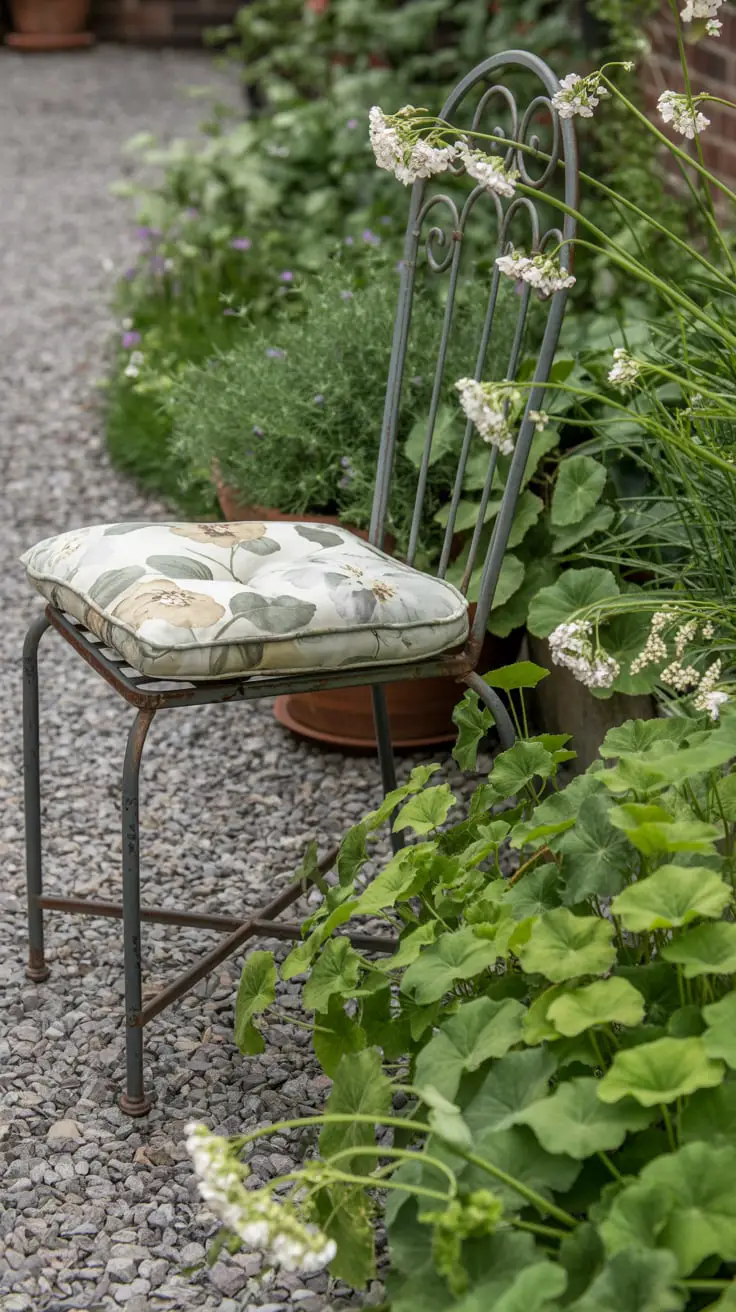small cottagecore gardens: vintage-style wrought iron chair with a curved back, fitted with a soft, slightly sagging floral print cushion in muted sage and cream