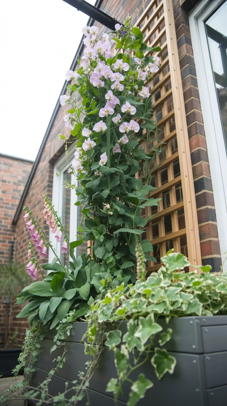small cottagecore gardens: Wooden trellis attached to a brick wall with a lush climbing sweet pea vine 