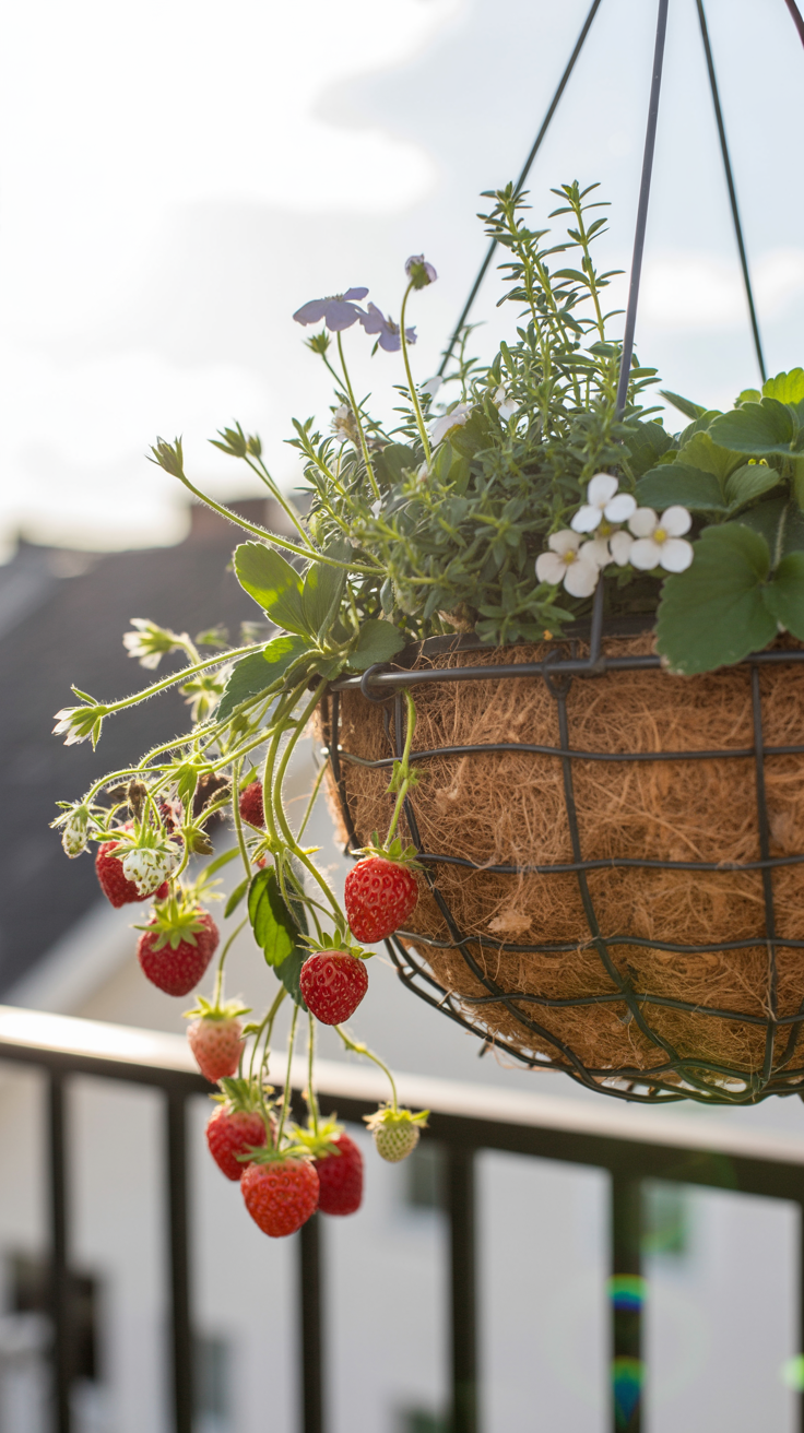 small cottagecore gardens: coconut coir hanging basket planted with a "wild" mix: bright red strawberries hanging down on green tendrils, intermingled with white vinca flowers and creeping thyme