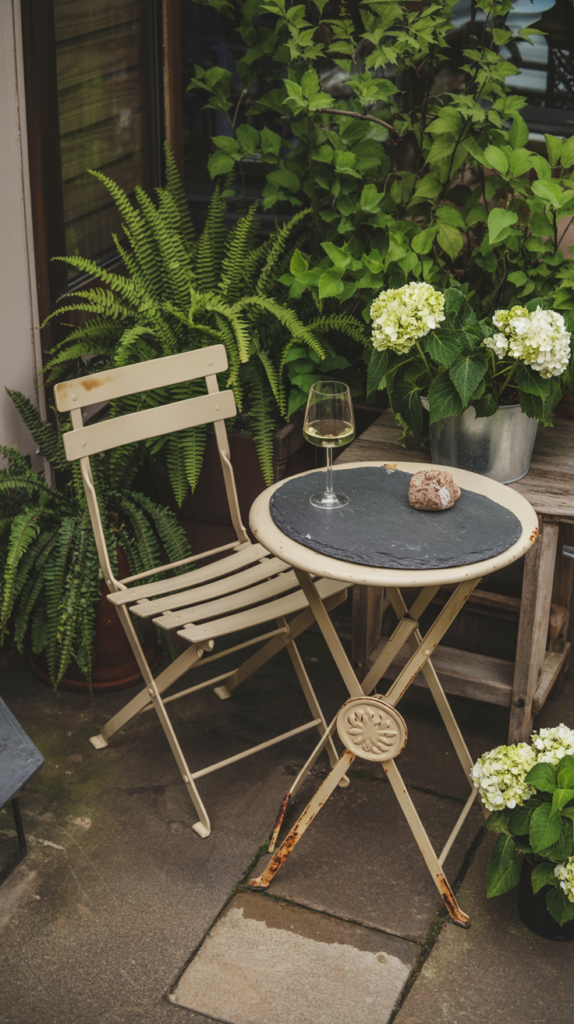 small cottagecore garden: small old bistrio table and chair