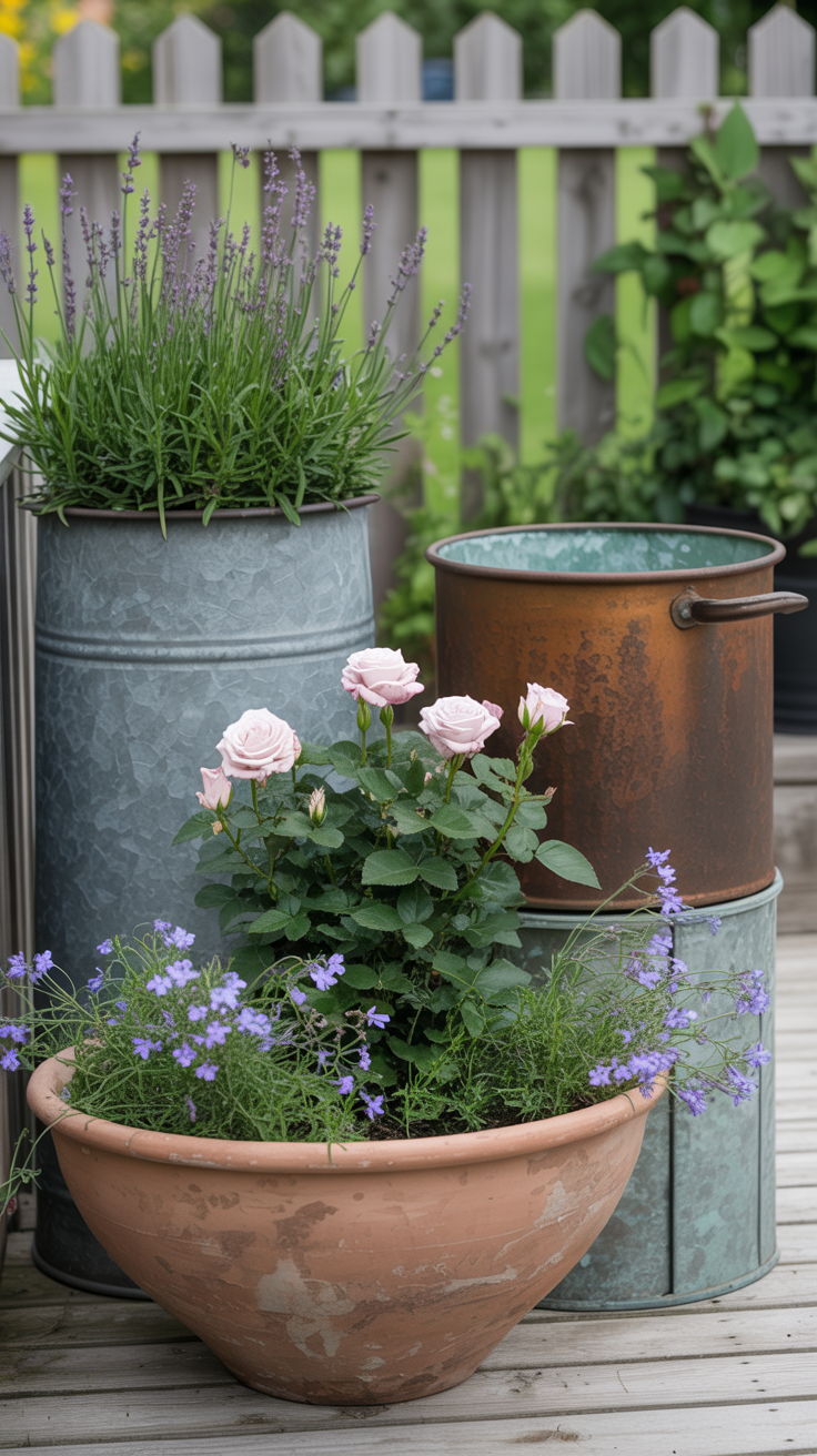 small cottagecore garden: mismatched containers on a wooden deck: one tall galvanized metal tub, one aged copper boiler with a green patina, and one wide terracotta bowl