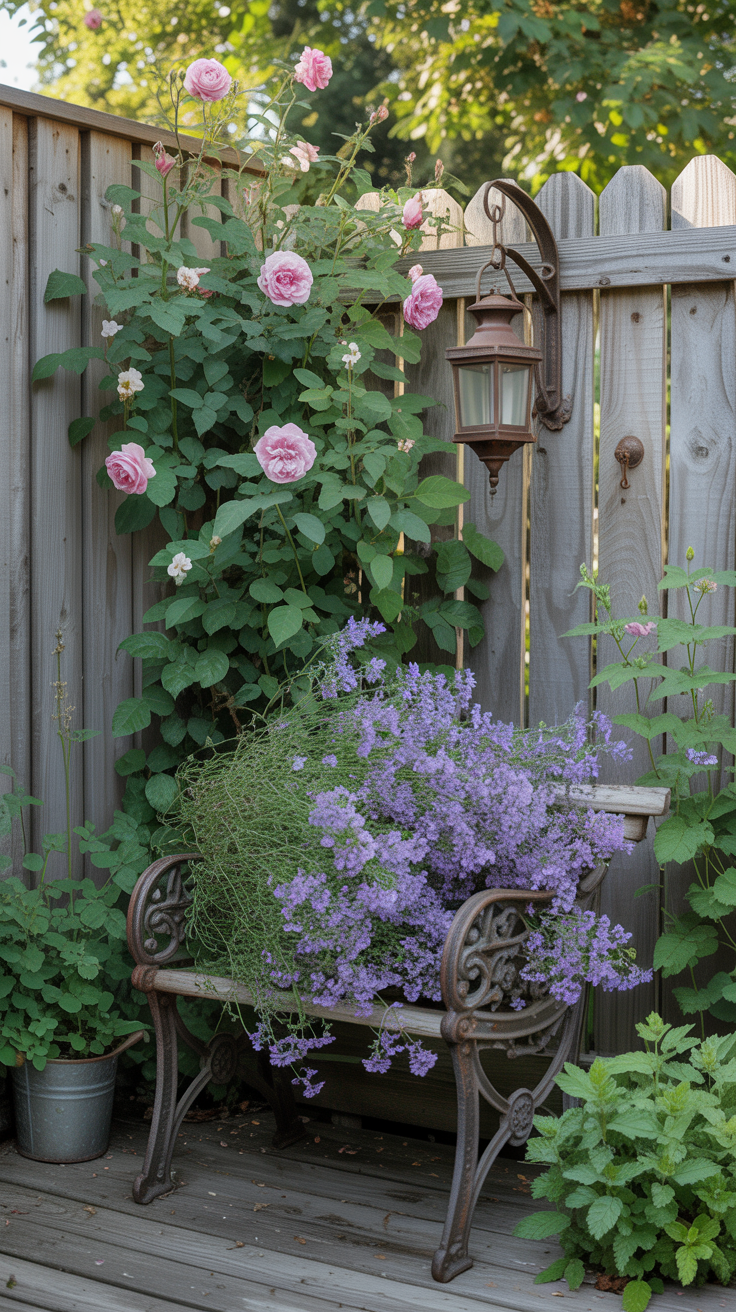 small cottagecore garden: small, heavy iron bench 