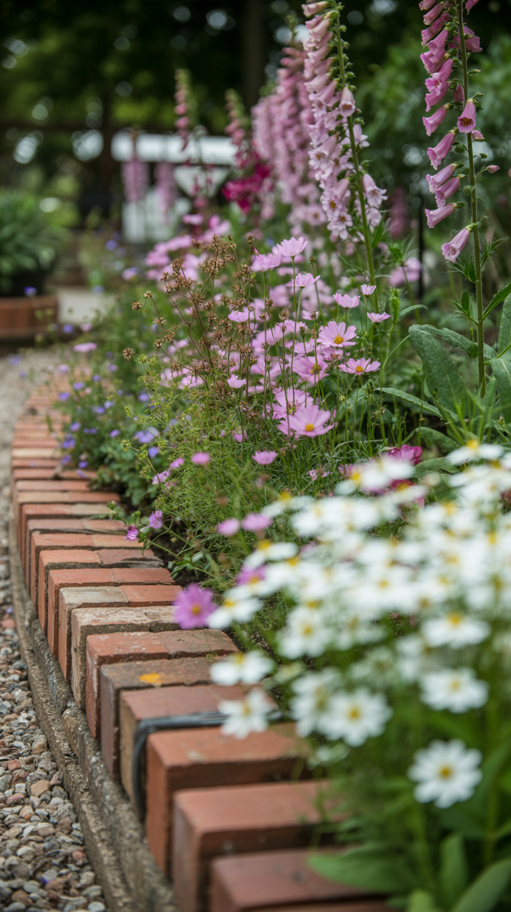 small cottagecore gardens: curved garden border edged with old red bricks laid on their sides. The bedcontains  tall foxgloves in the back, pink cosmos in the middle, and white alyssum in the front