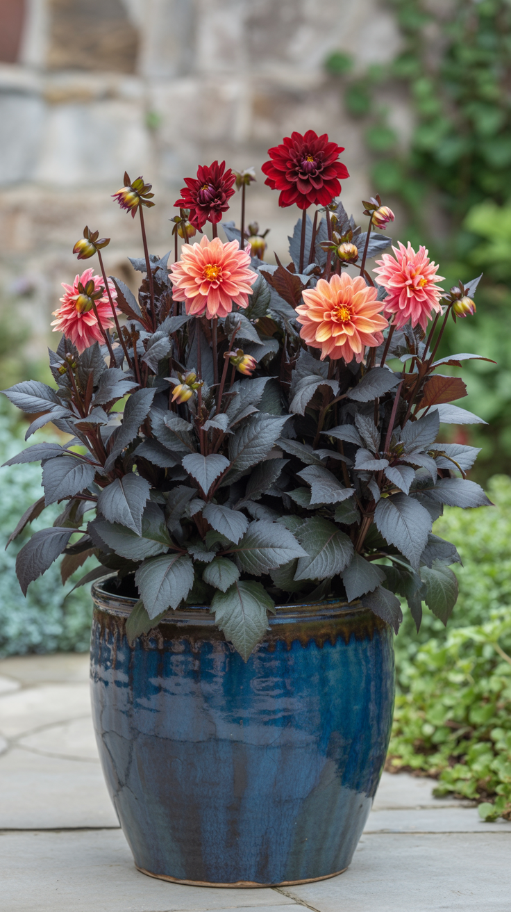 small cottagecore gardens: blue-glazed ceramic pot on a patio.filled with 'Bishop’s Children' dahlias featuring dark, almost black foliage