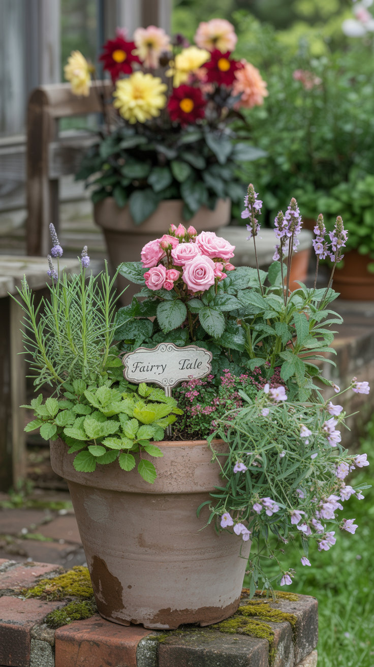 small cottagecore garden: terracotta pot with dwarf 'The Fairy' rose with clusters of small pink blooms. Surrounding it: three English lavender 'Munstead' plants . Spilling over the rim: a waterfall of trailing sapphire lobelia and Chaenorrhinum origanifolium