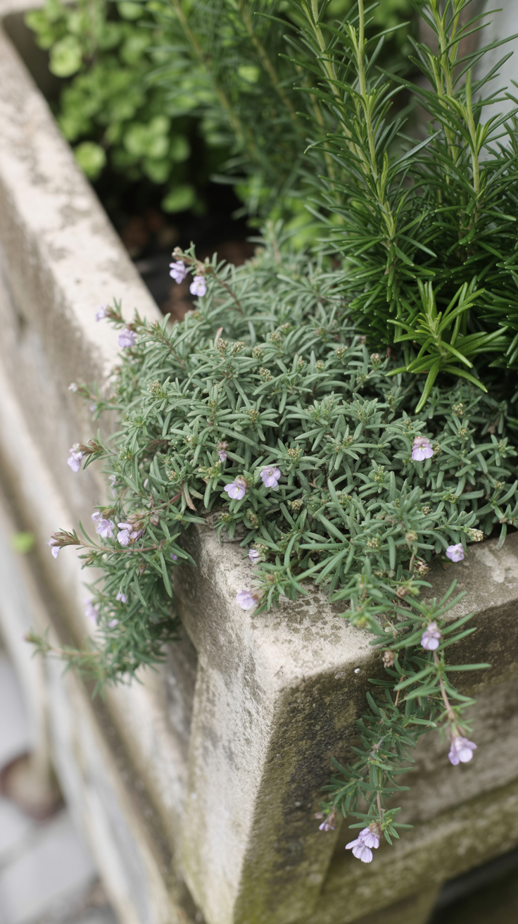 small cottagecore garden:  cascading "spiller" of Chaenorrhinum origanifolium (trailing snapdragon)  over edge of planter