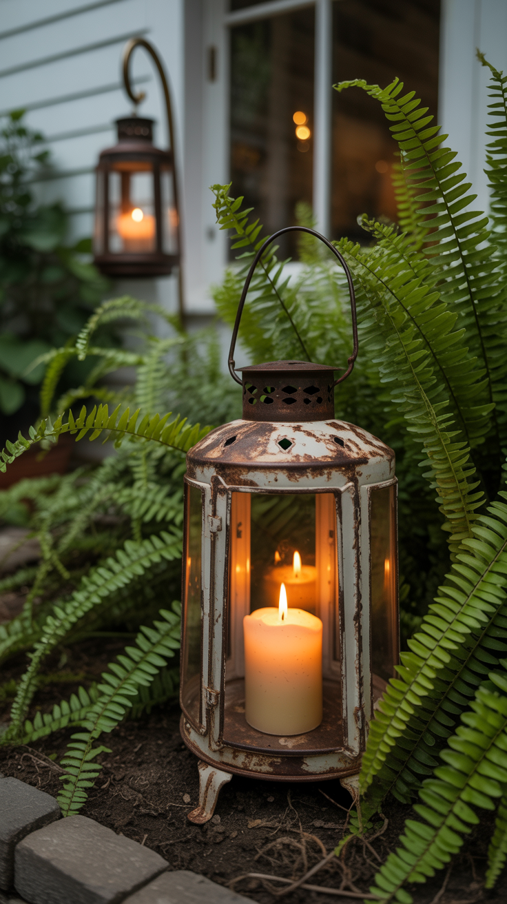 small cottagecore garden: vintage, slightly rusted iron lantern with sits half-hidden behind large, green fern fronds. Inside, a cream-colored pillar candle