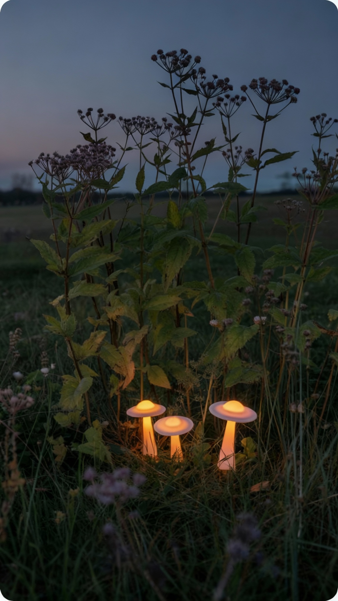 small cottagecore garden:  three small, mushroom lights