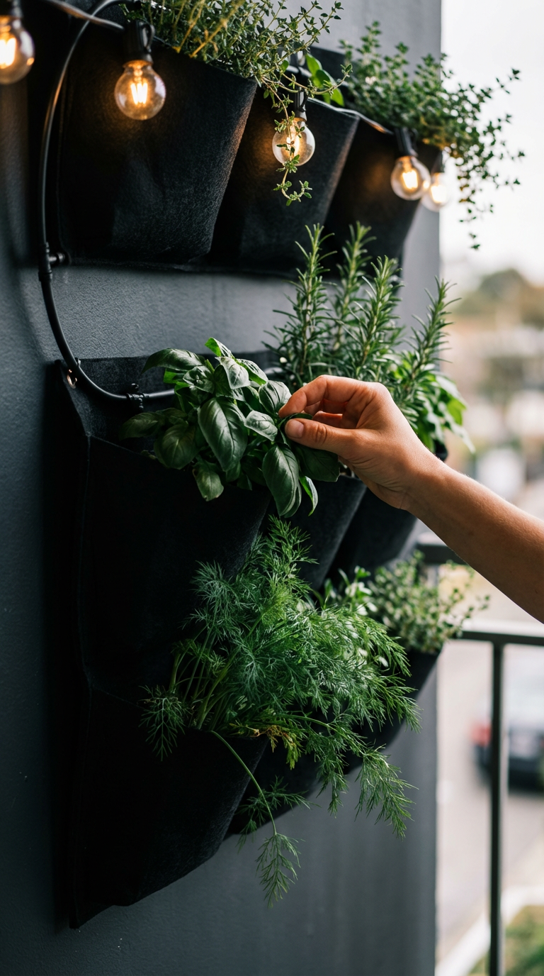 small space gardening wall-mounted vertical garden system with black felt pockets 