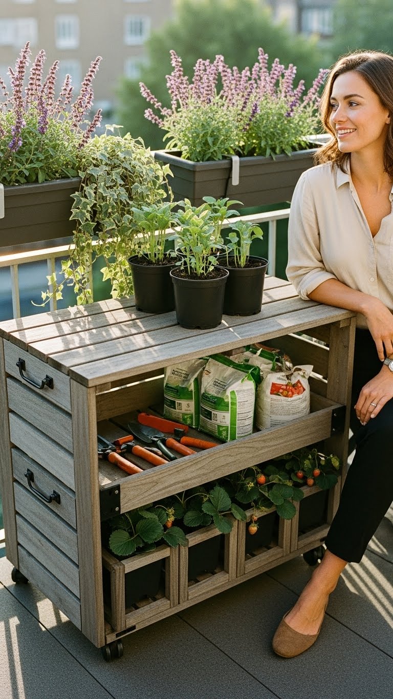 small space gardening:  three-tier wooden bench