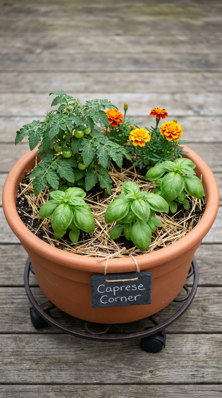 small space gardening: terracotta pot tomato plant, surrounded by three basil plants at the front, and two marigolds at the back edg