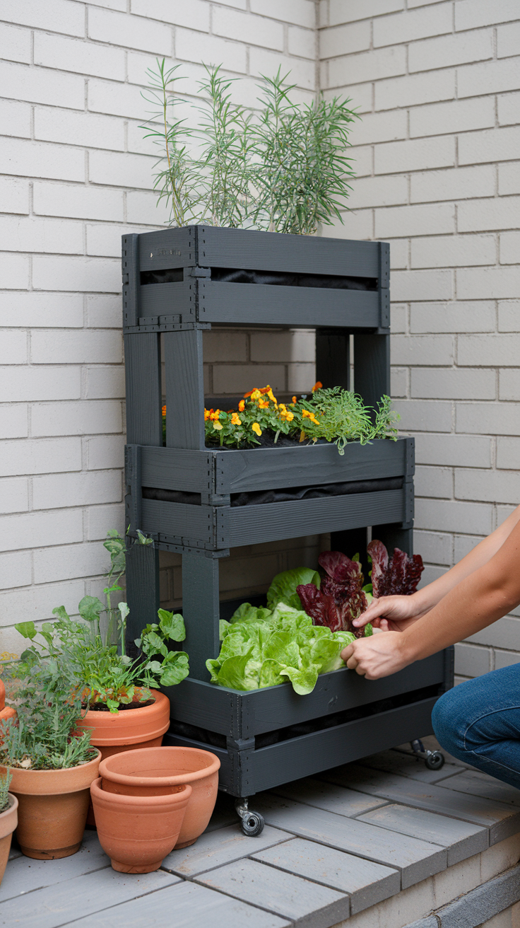 small space gardening: Stackable crates as planters